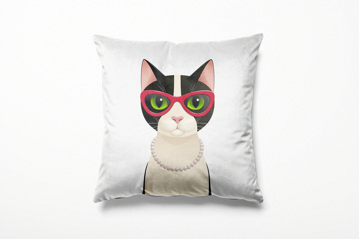 White cushion with a cat illustration on a white background