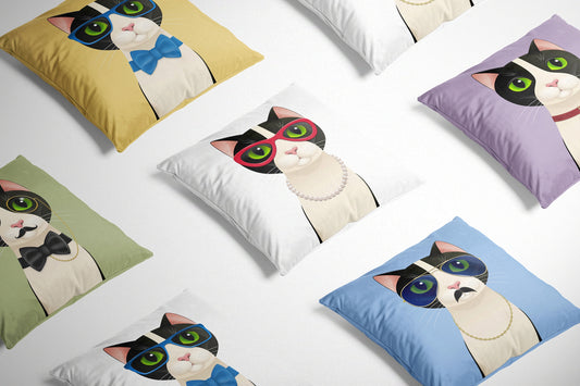 Mrs Cat White Cushion on a white background surrounded by other cat design cushions