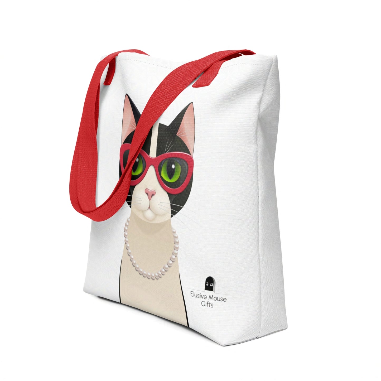 Tote bag featuring Mrs Cat in cat eye glasses and a pearl necklace, shown at a 3/4 angle against a white background