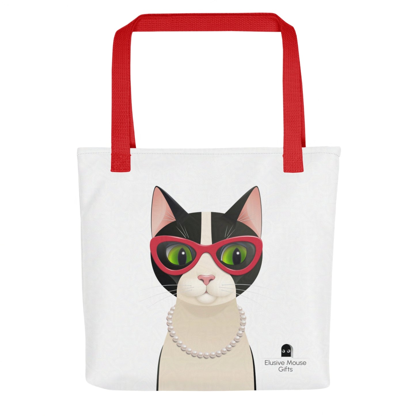 Back of Mrs Cat tote bag showing the cat looking over her shoulder toward a mouse in a mousehole, on a white background