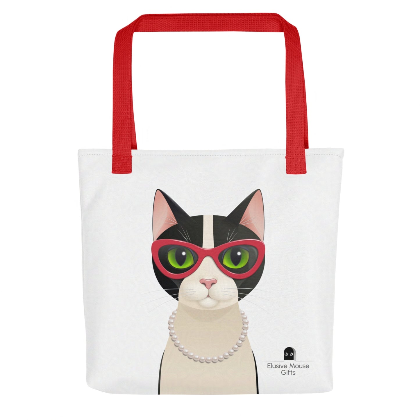 Front-facing view of Mrs Cat on a tote bag, with pearls and glasses, set against a white background