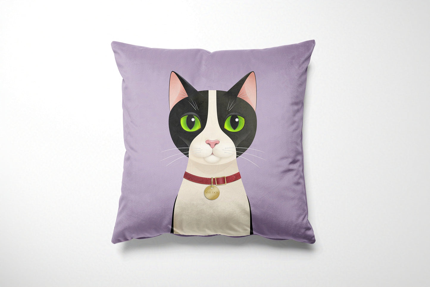 Lavender cushion with a cat illustration on a white background
