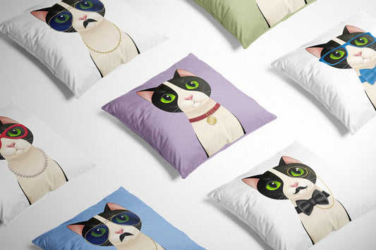 Smudge Cat Colourful Cushion on a white background surrounded by other cat design cushions
