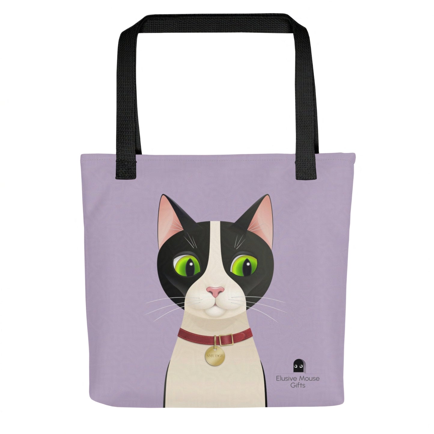 Back of tote bag featuring Smudge looking down to the side at a mouse peeking nervously from a mousehole, against a lavender background