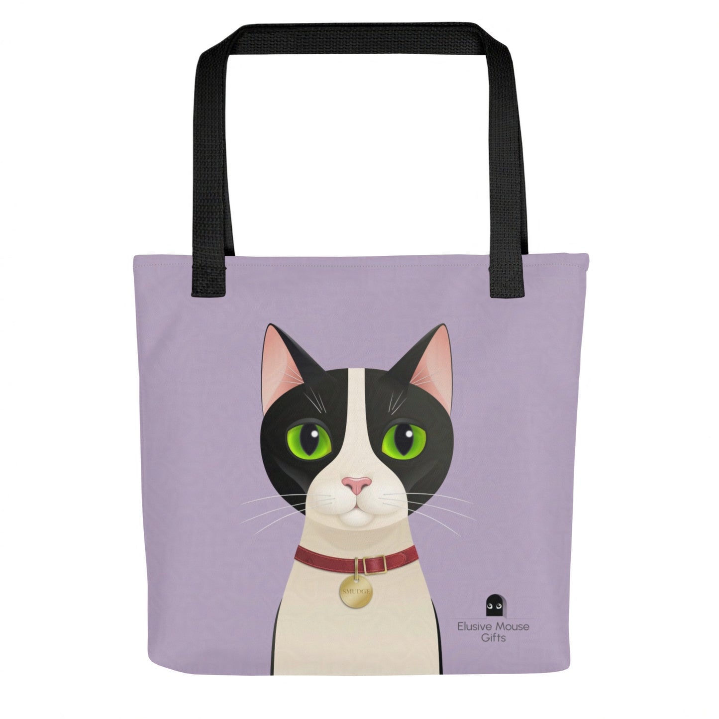 Front-facing tote bag with Smudge the tuxedo cat looking directly ahead, against a lavender background