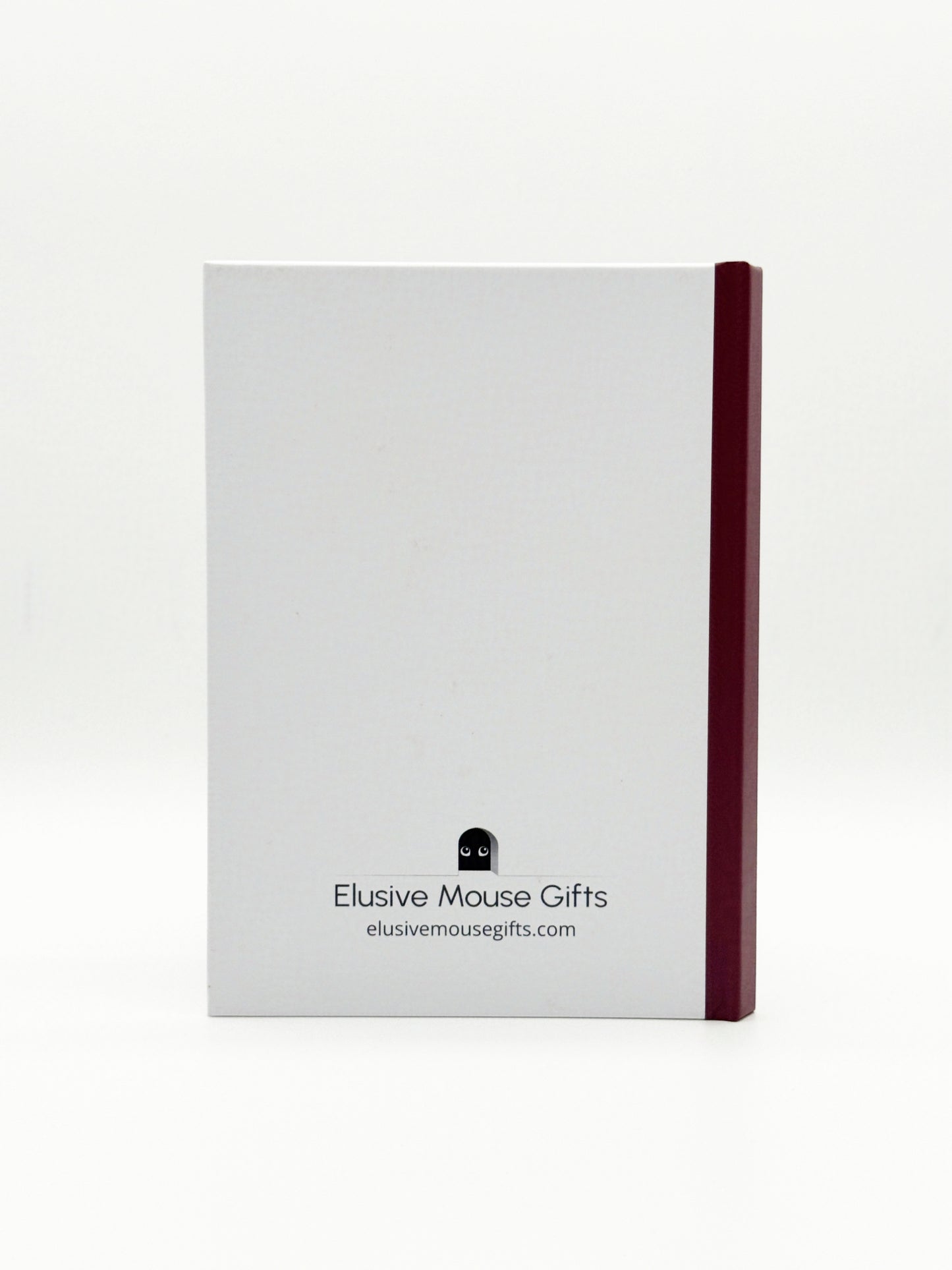White notebook with a burgundy spine and 'Elusive Mouse Gifts' branding on a white background