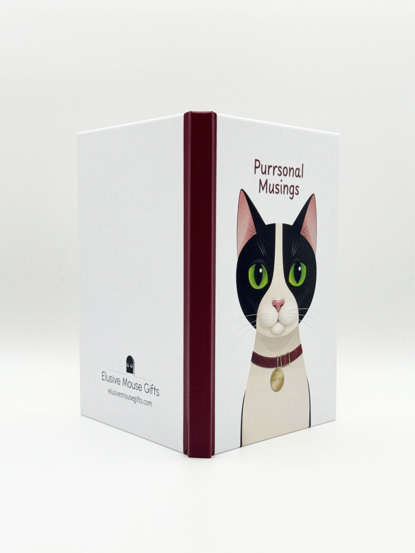 Notebook with a cat illustration on the cover, titled 'Purrsonal Musings', on a white background.