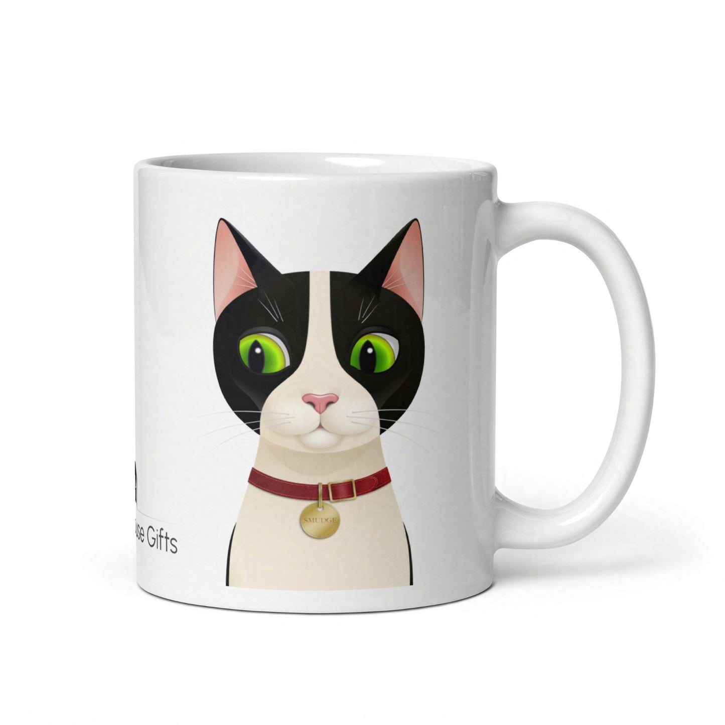 Back of 11oz white mug showing handle placement and rear view of Smudge the tuxedo cat design