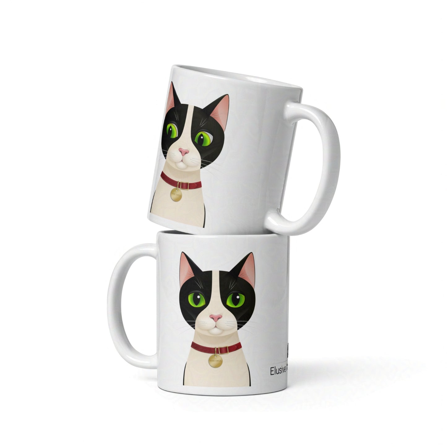 Two 11oz Smudge mugs stacked, showcasing the cat design and glossy white ceramic finish against white background