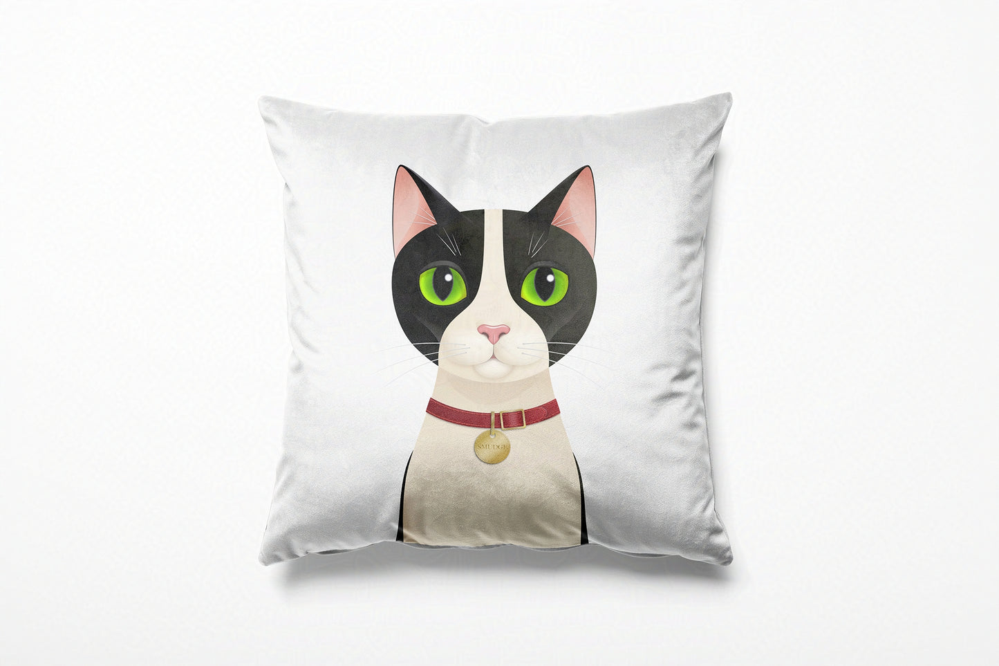 White cushion with a cat illustration on a white background