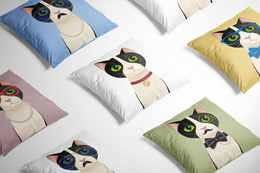 Smudge White Cushion on a white background surrounded by other cat design cushions