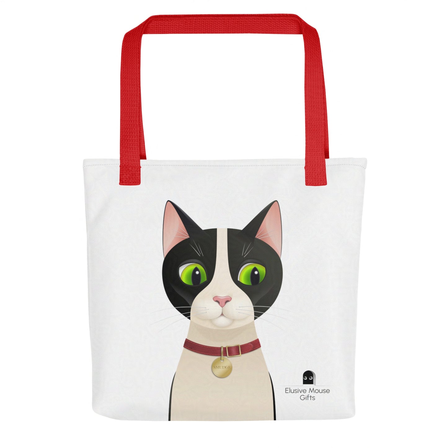 Back of tote bag featuring Smudge looking down to the side at a mouse peeking nervously from a mousehole, against a white background.