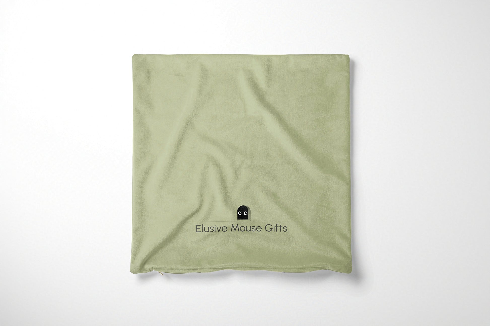 Green cushion cover back with a logo on a white background
