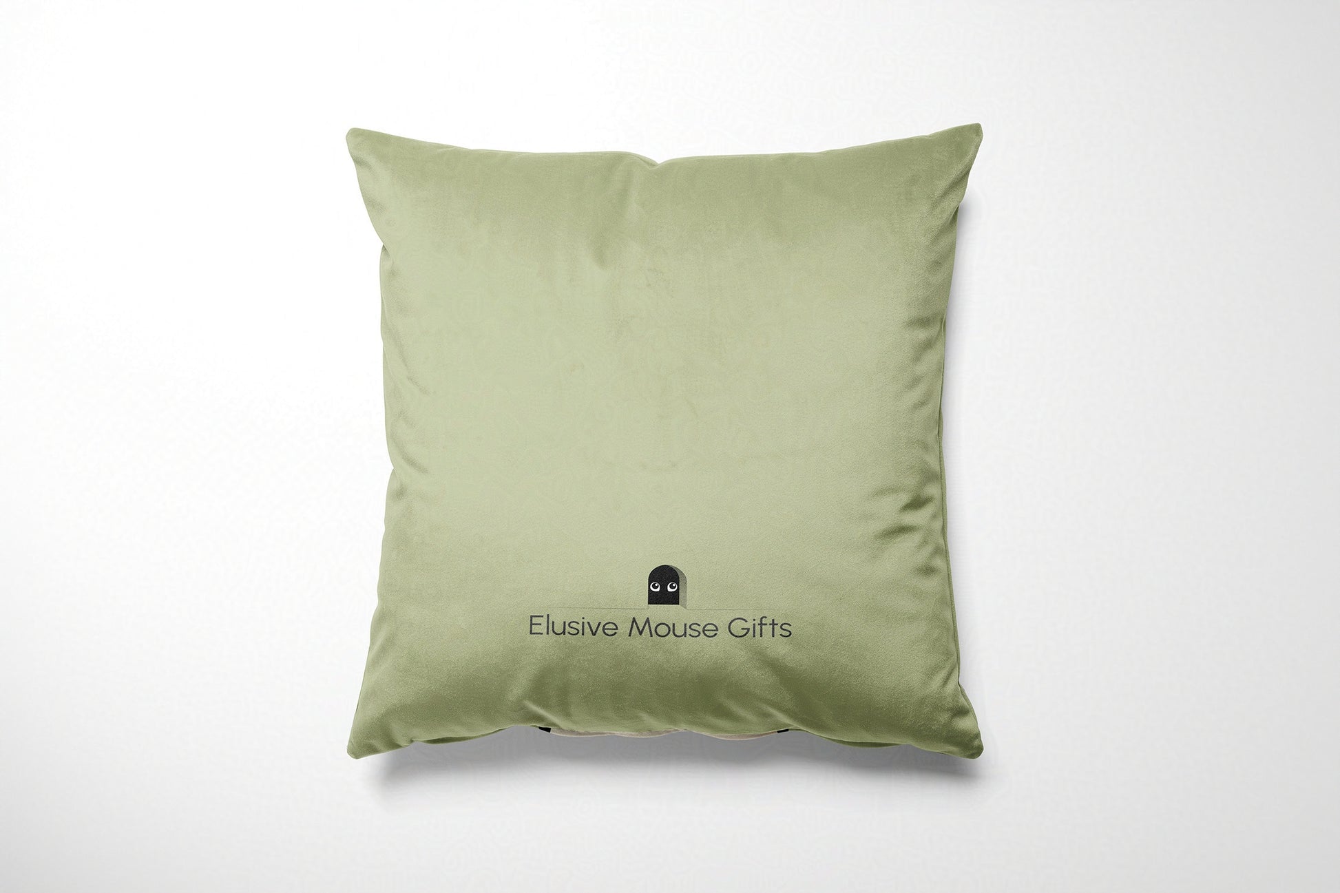 Green cushion with 'Elusive Mouse Gifts' logo on a white background