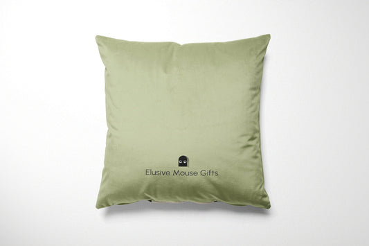 Green cushion with 'Elusive Mouse Gifts' logo on a white background