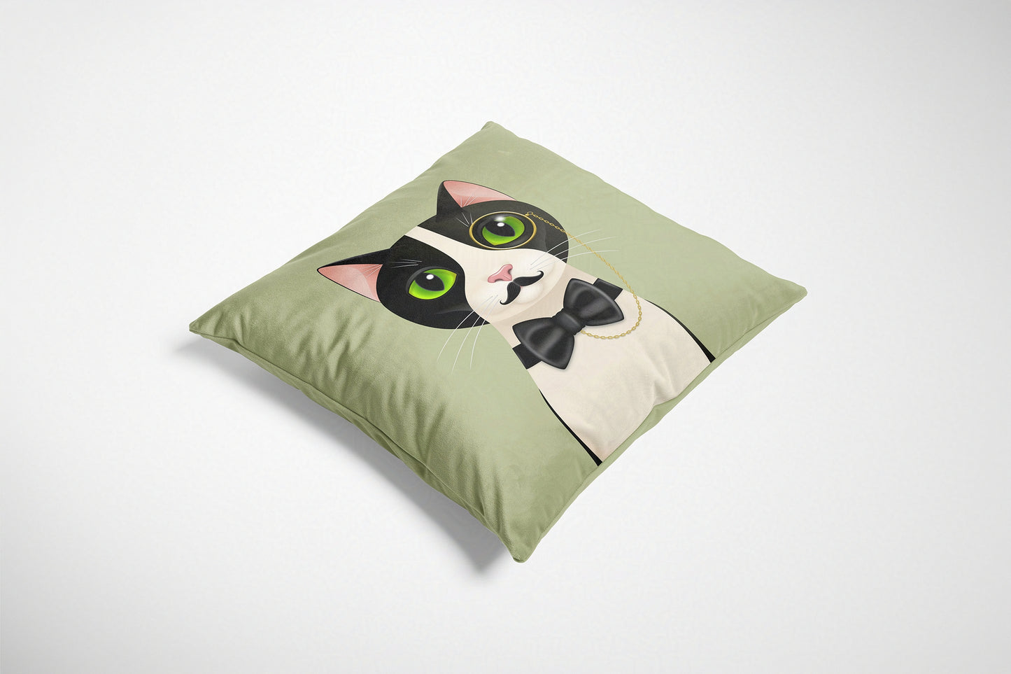 Green cushion with a cat design on a white background