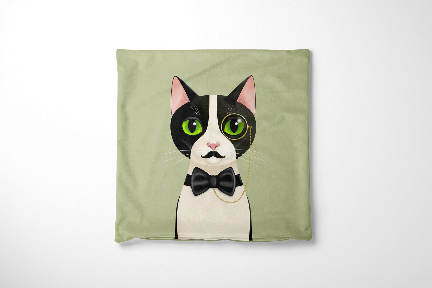 Green cushion cover with a cat design featuring a bow tie on a white background