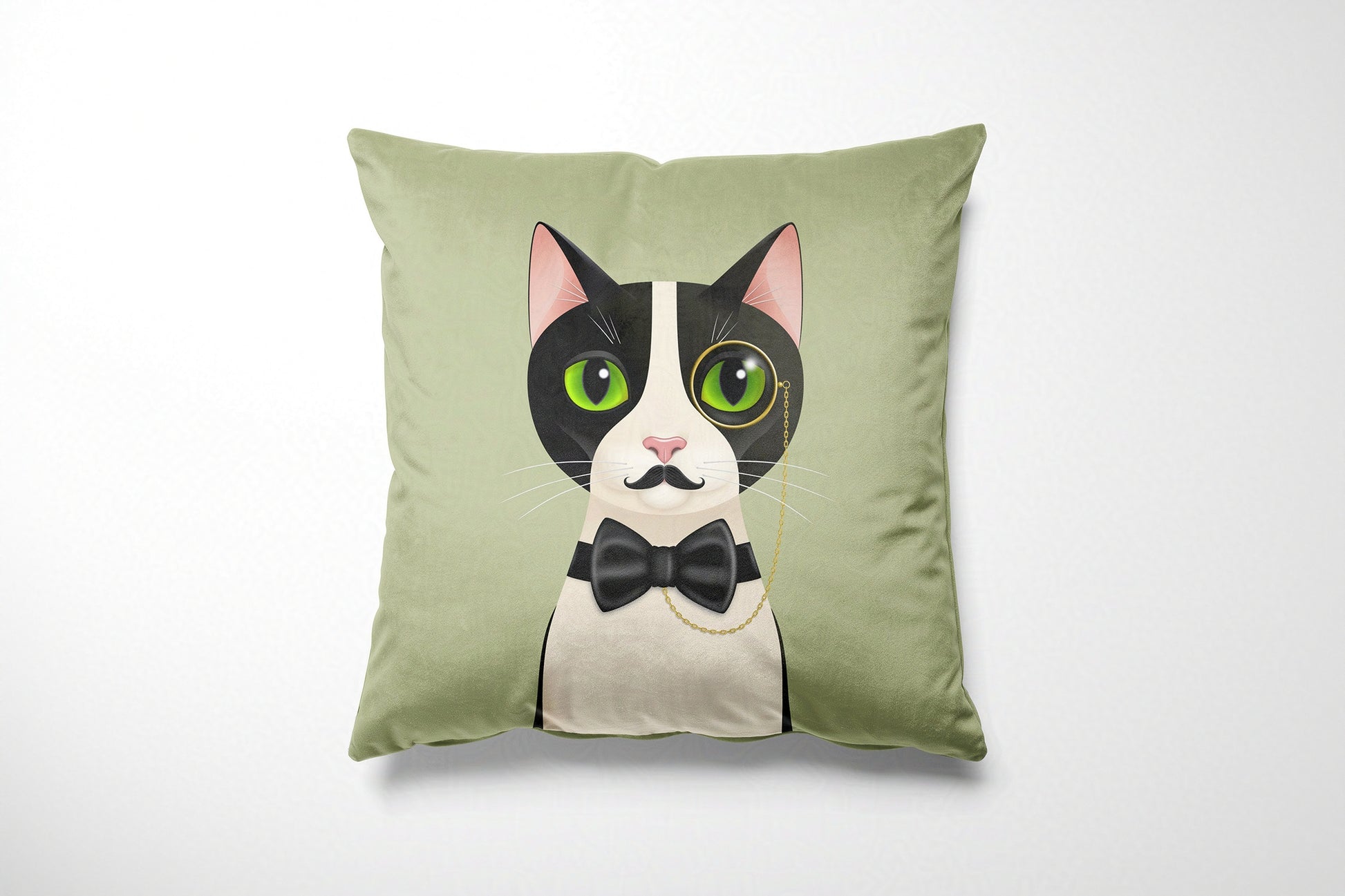 Green cushion with a cat illustration on a white background