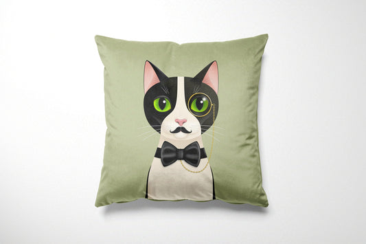 Green cushion with a cat illustration on a white background