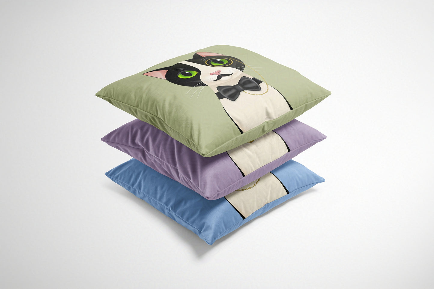 Stack of three decorative cushions with cat designs on a white background
