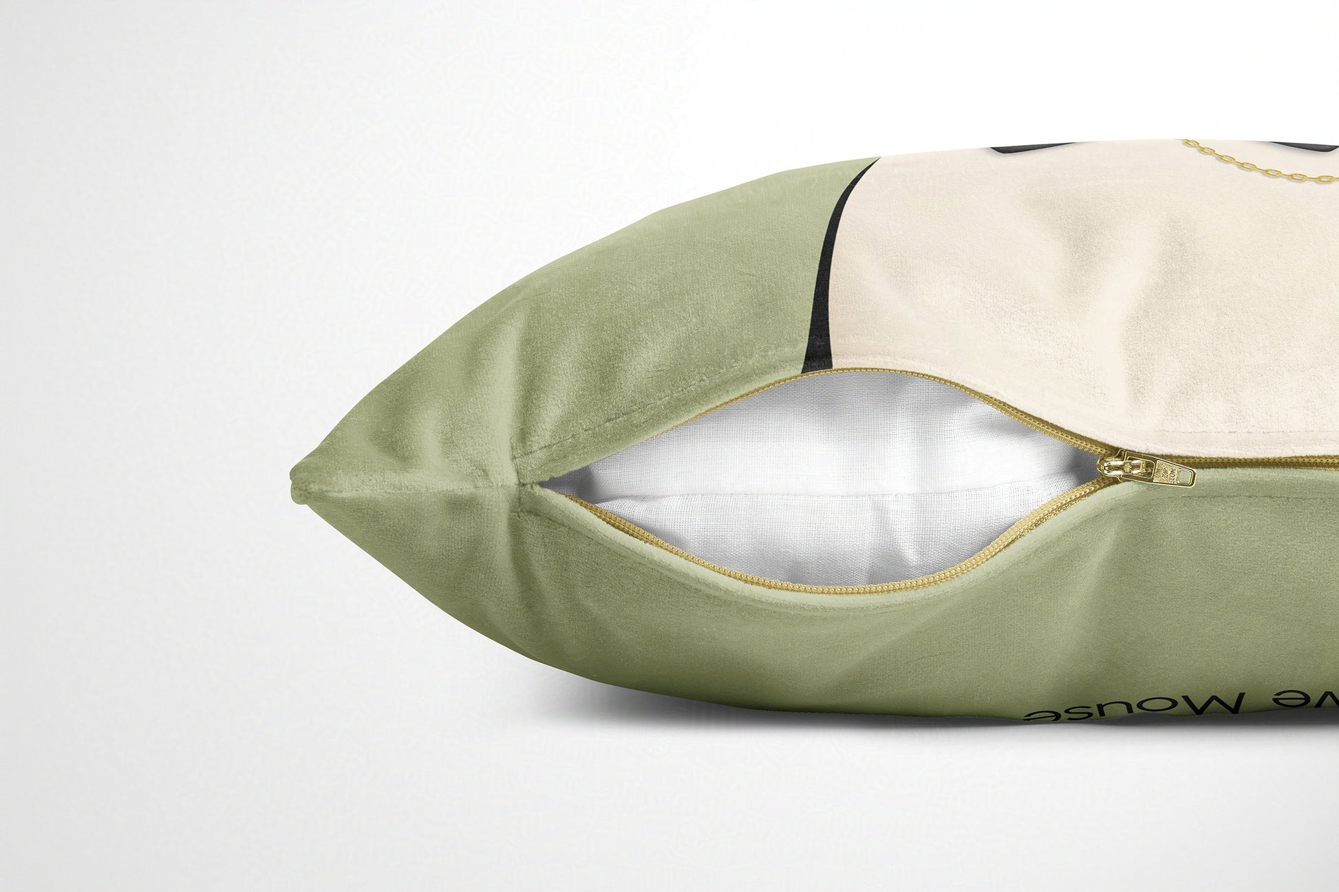 Green cushion with a zipper on a white background