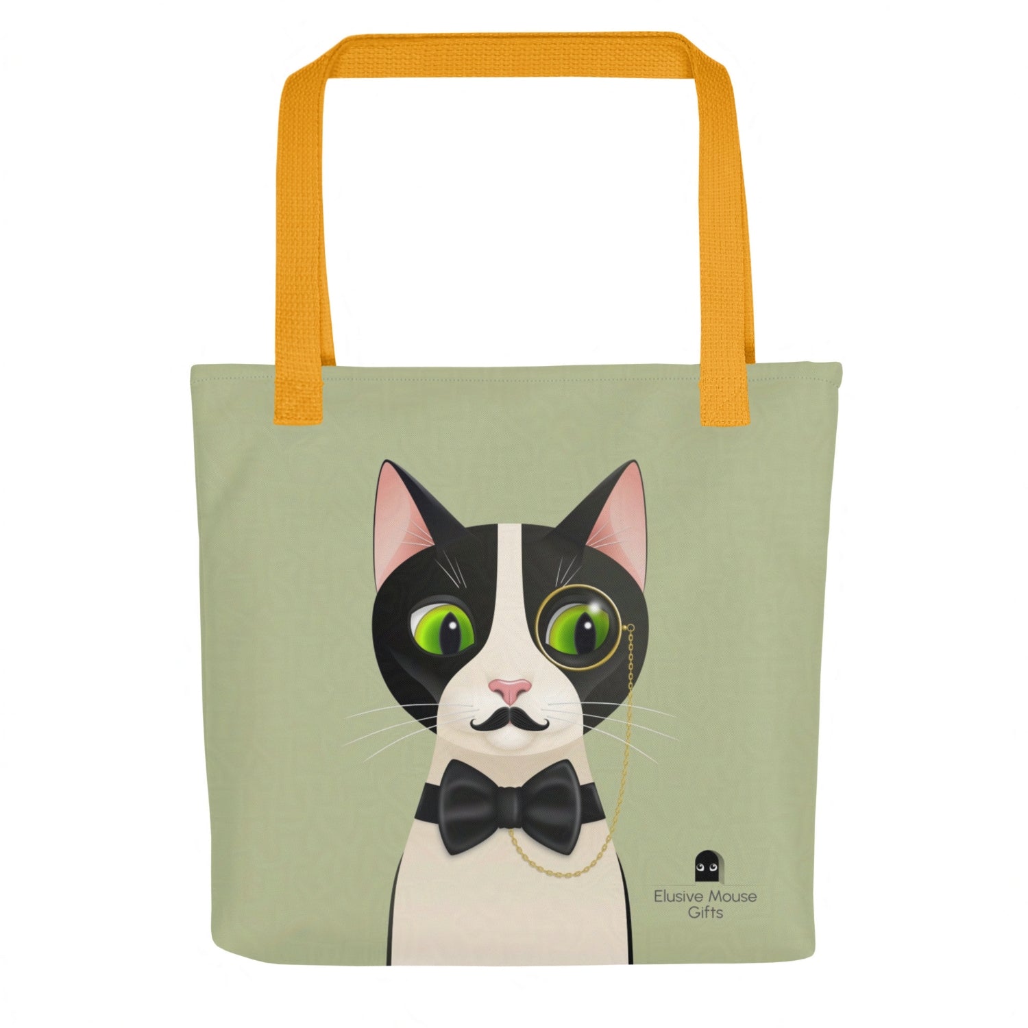 Rear view of tote bag with Alfred glancing down at a mouse in a mousehole, over the shoulder, printed on a sage green background