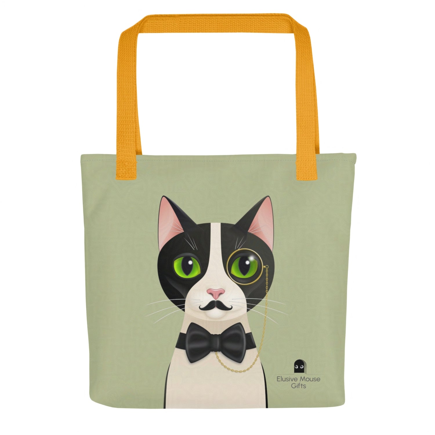 Front-facing tote bag design with Alfred the cat looking forward in a fake moustache, monocle and bow tie, set against a sage green background