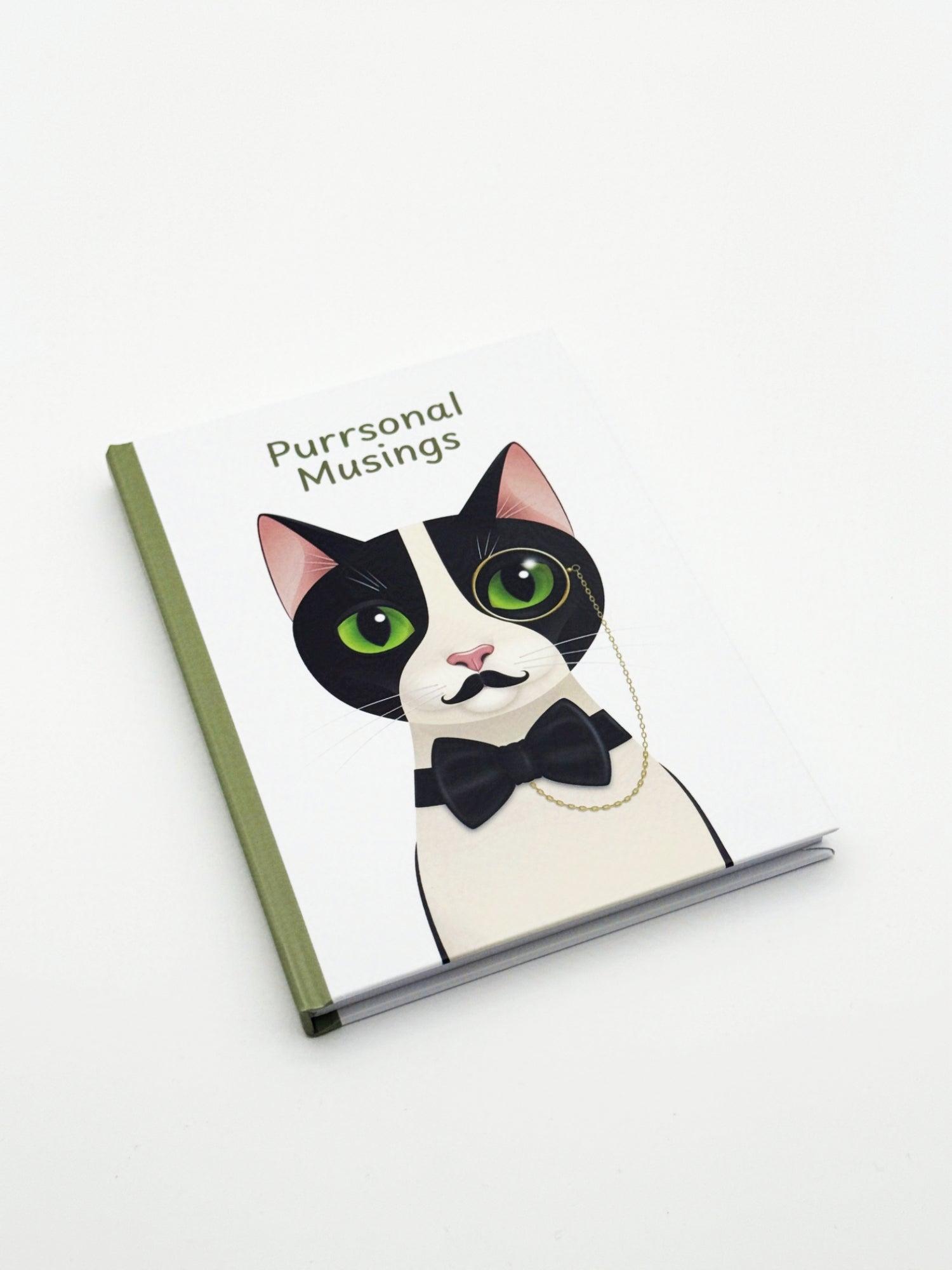 Notebook with a cat illustration and 'Purrsonal Musings' text on a white background