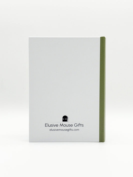 White notebook with a green spine and 'Elusive Mouse Gifts' branding on a white background