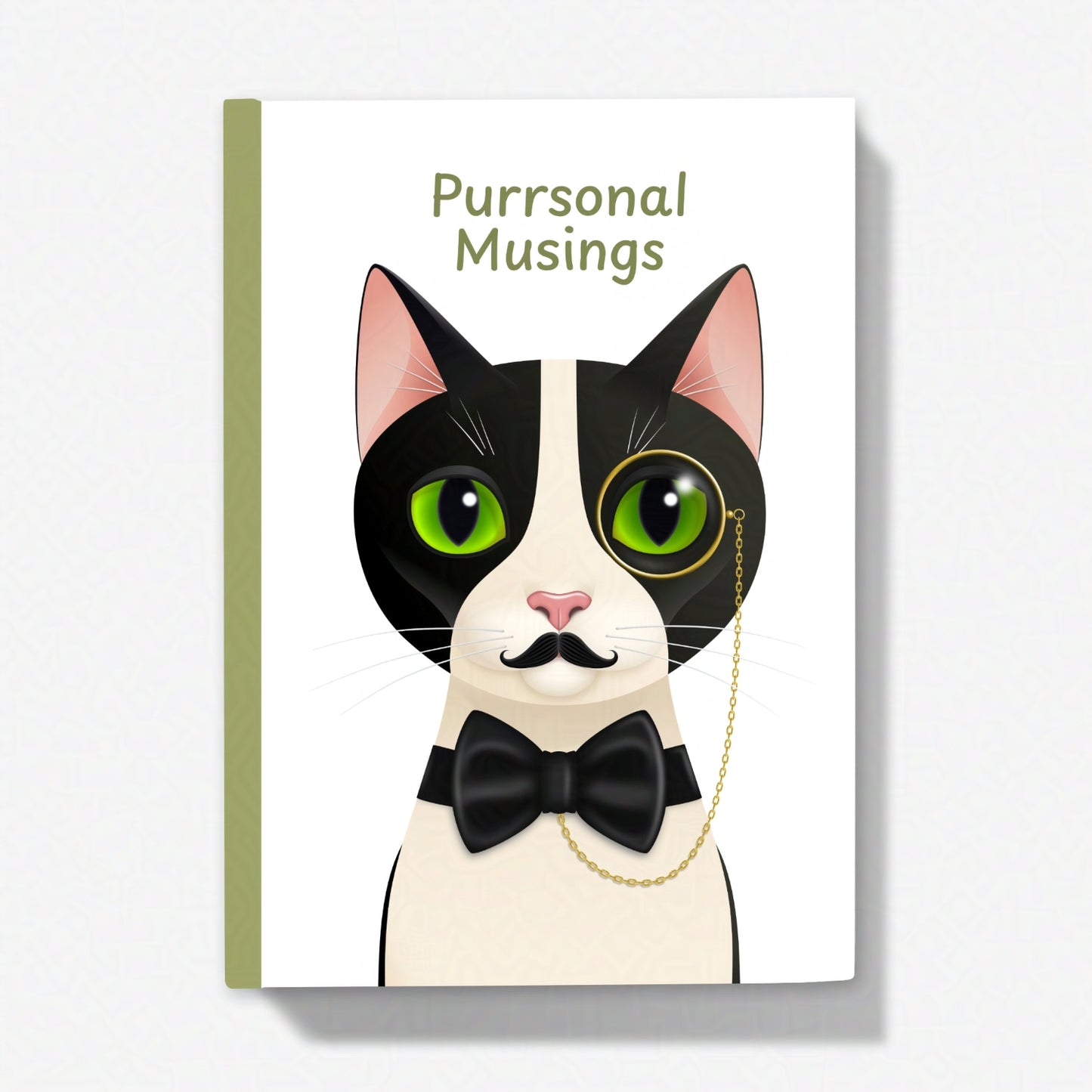 5x7 inch journal with Alfred the cat in a monocle and bow tie, facing forward beneath the title ‘Purrsonal Musings’ on a white background