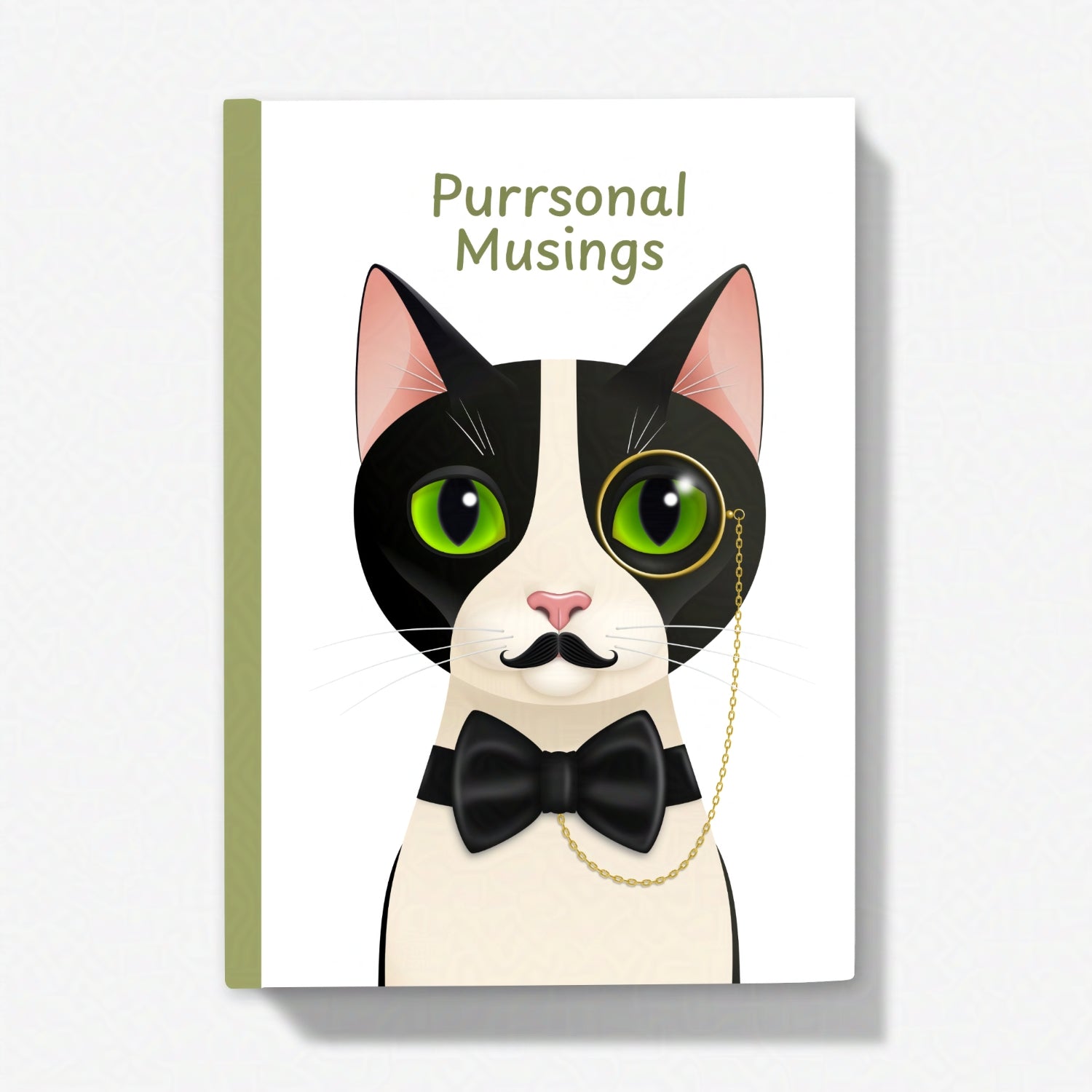 5x7 inch journal with Alfred the cat in a monocle and bow tie, facing forward beneath the title ‘Purrsonal Musings’ on a white background