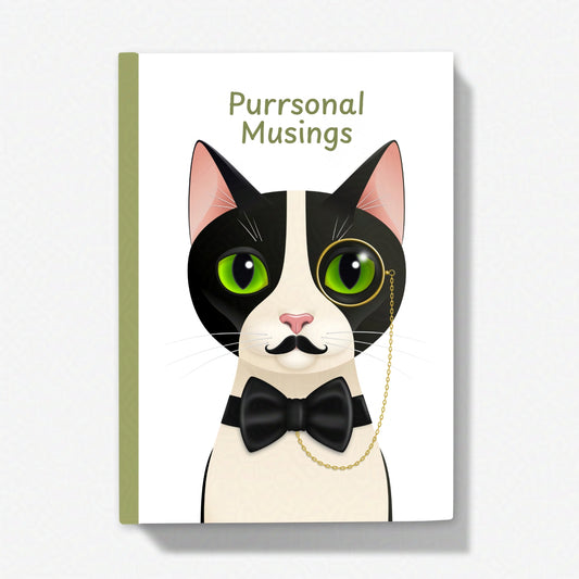 5x7 inch journal with Alfred the cat in a monocle and bow tie, facing forward beneath the title ‘Purrsonal Musings’ on a white background