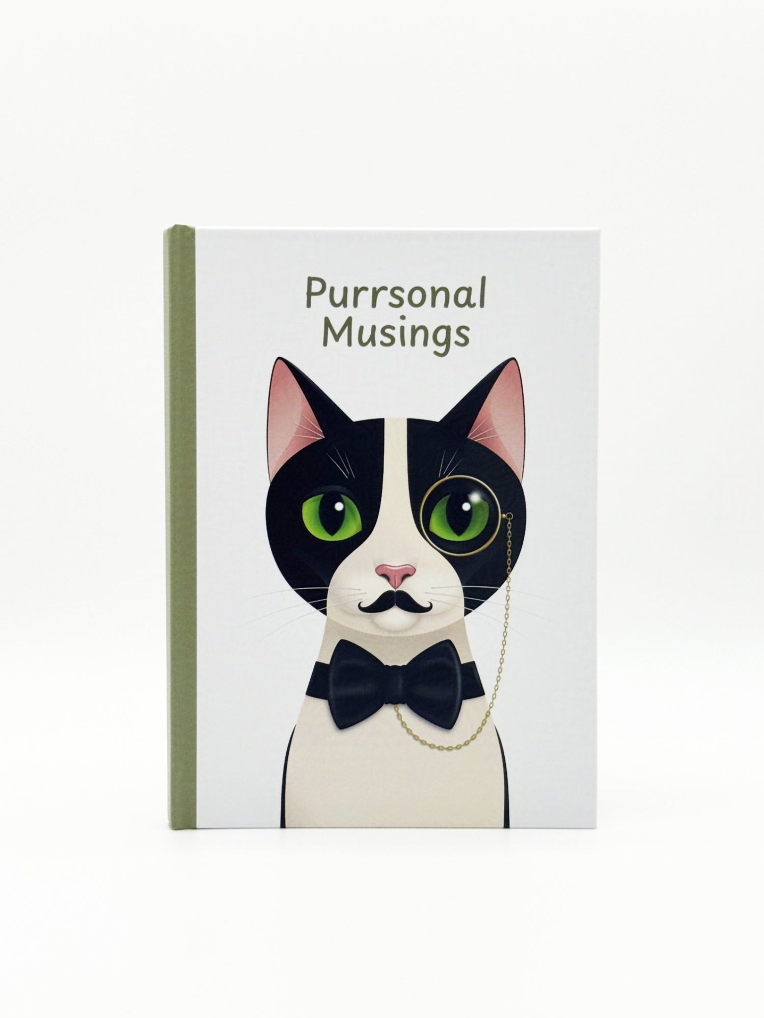 Notebook with a cat illustration and 'Purrsonal Musings' text on a white background
