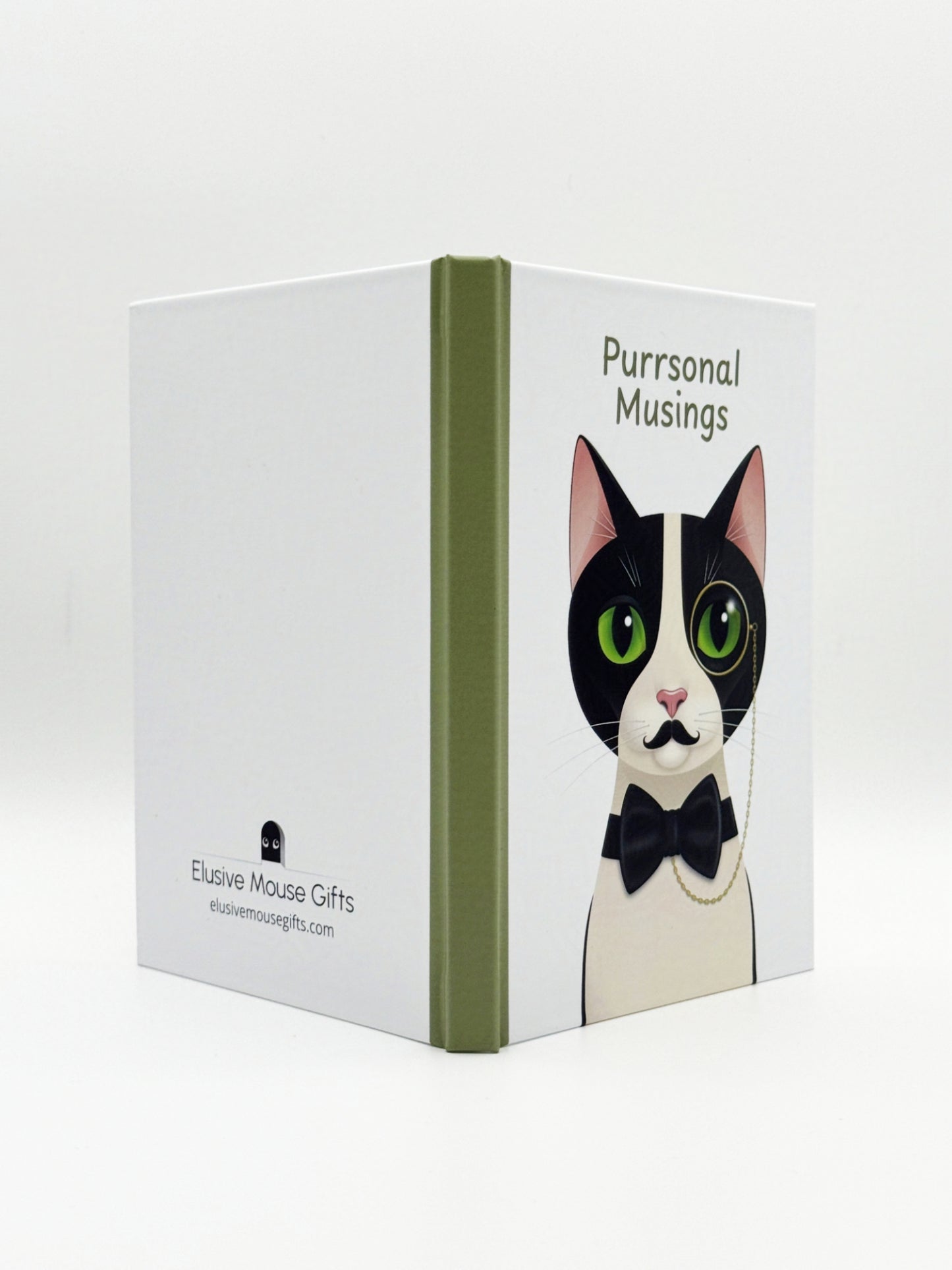 White notebook with an illustration of a cat wearing a monacle and bow tie and 'Purrsonal Musings' text on a white background