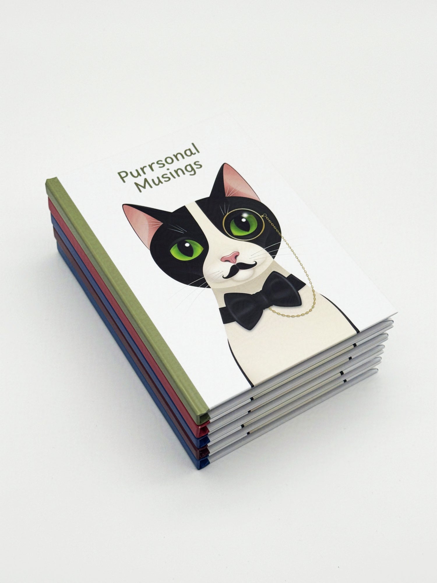 Stack of notebooks with a cat illustration and 'Purrsonal Musings' text on a white background