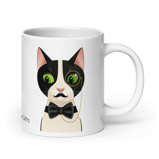 Rear view of 20oz Alfred cat mug showing handle and subtle continuation of the design on plain white background
