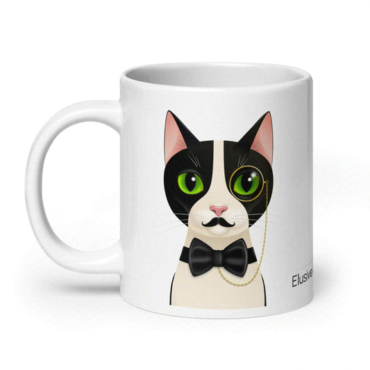 20oz white mug featuring Alfred the tuxedo cat in a monocle and black bow tie, centered on a crisp white background