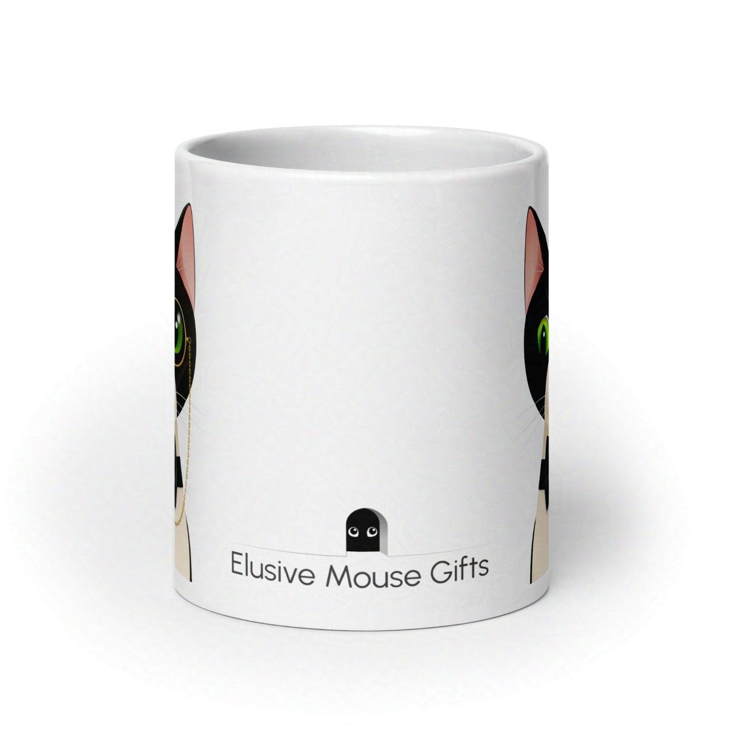 Side view of Alfred 20oz mug with a small mouse peering out from a mousehole, eyeing the cat design warily