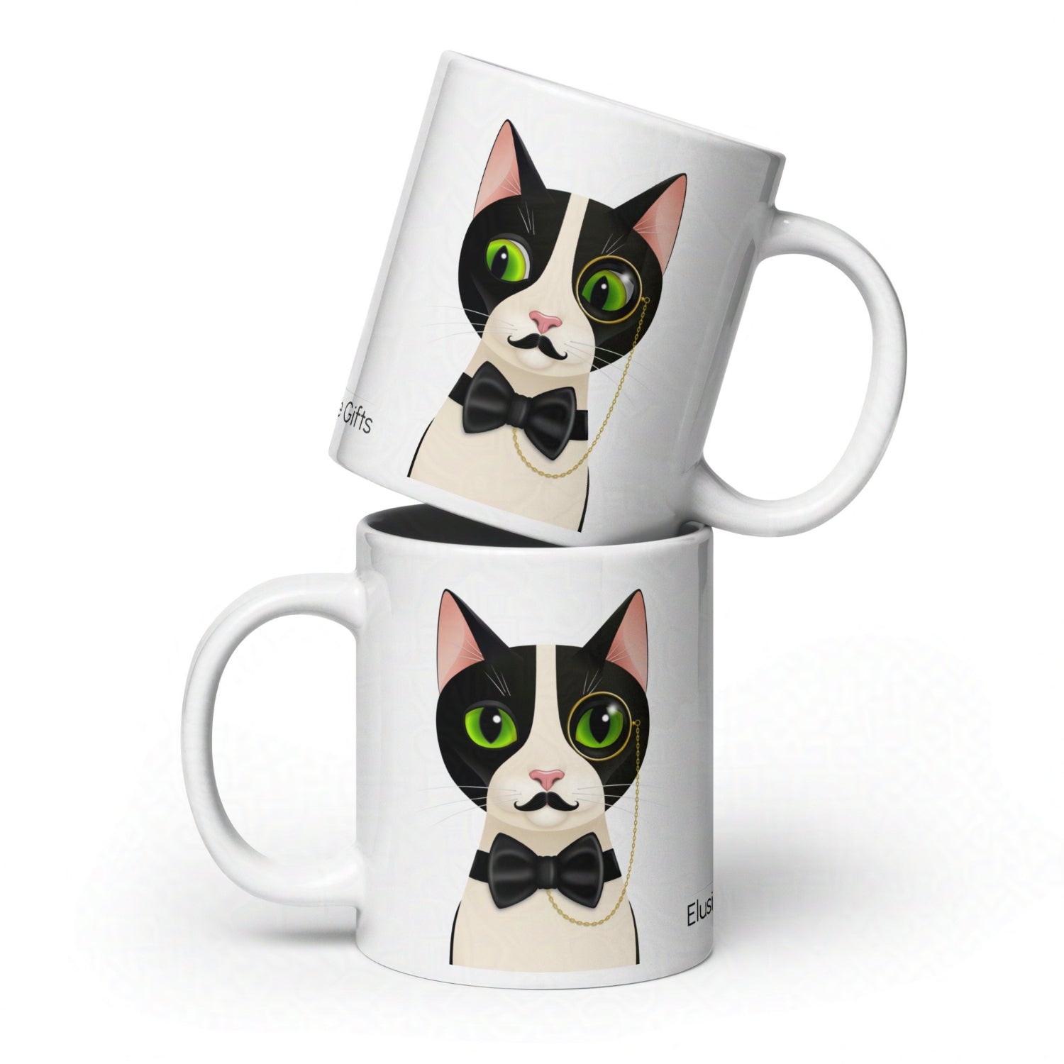 Stacked Alfred 20oz mugs showing both cat illustration and glossy surface detail against white backdrop