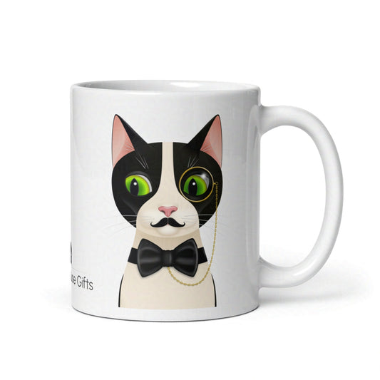 Rear view of 11oz Alfred cat mug showing handle and subtle continuation of the design on plain white background.