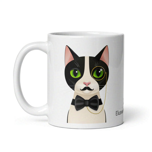 11oz white mug featuring Alfred the tuxedo cat in a monocle and black bow tie, centered on a crisp white background.