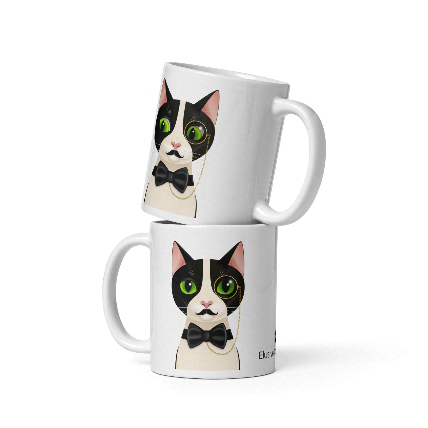 Stacked Alfred 11oz mugs showing variations in the cat illustration and glossy surface detail against white backdrop