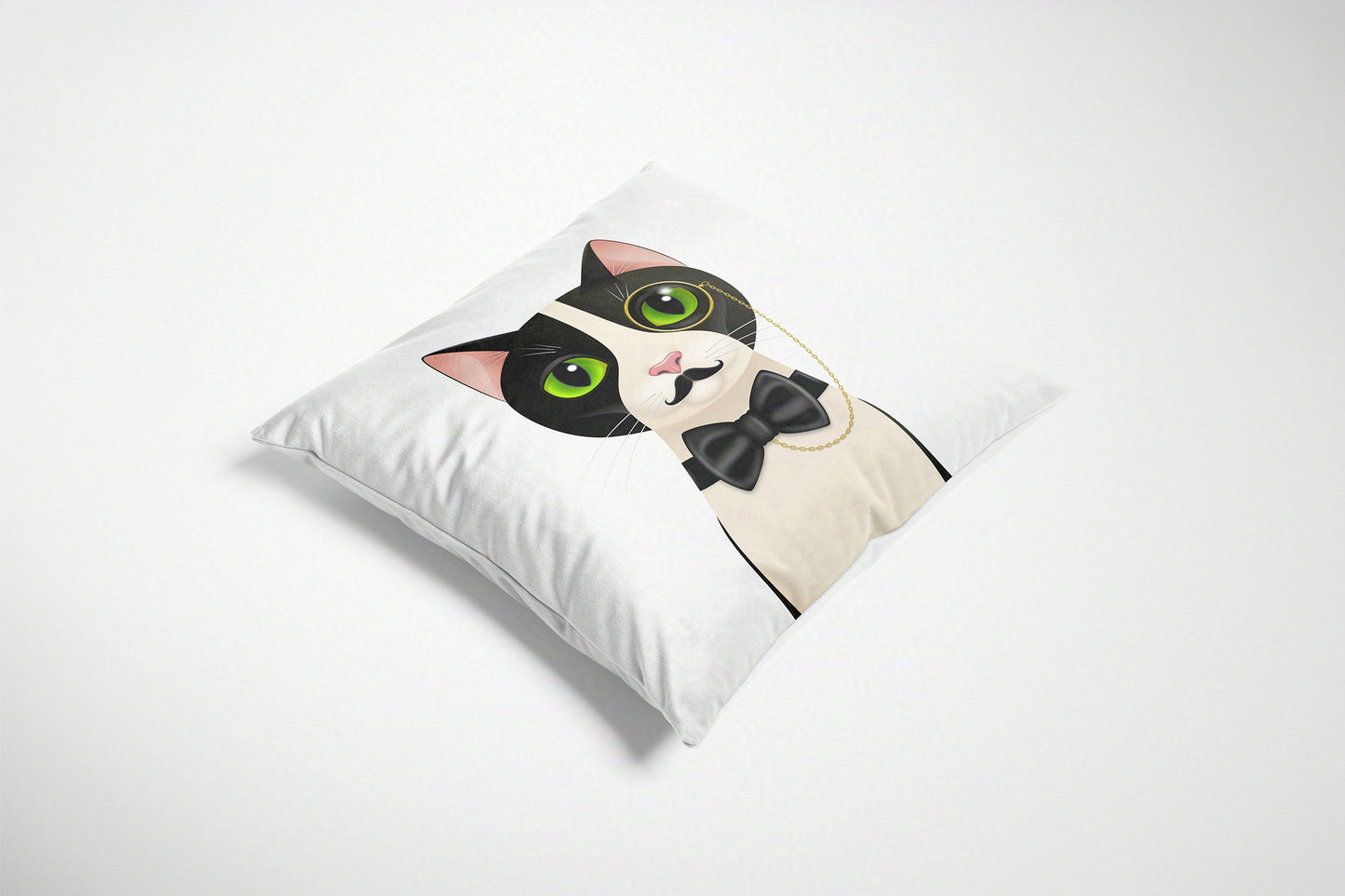 Cushion with a cat design wearing a bow tie on a white background