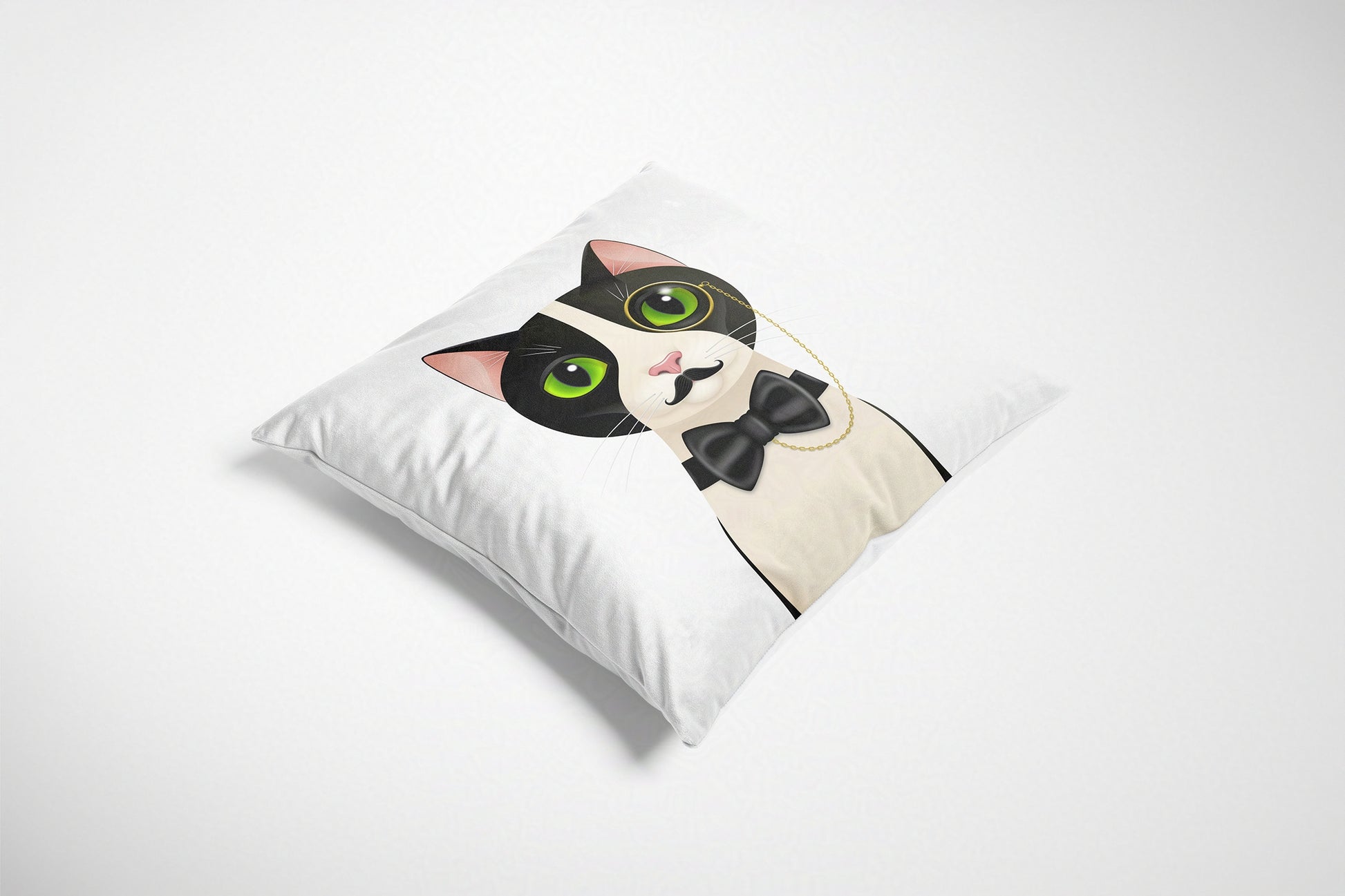 Cushion with a cat design wearing a bow tie on a white background