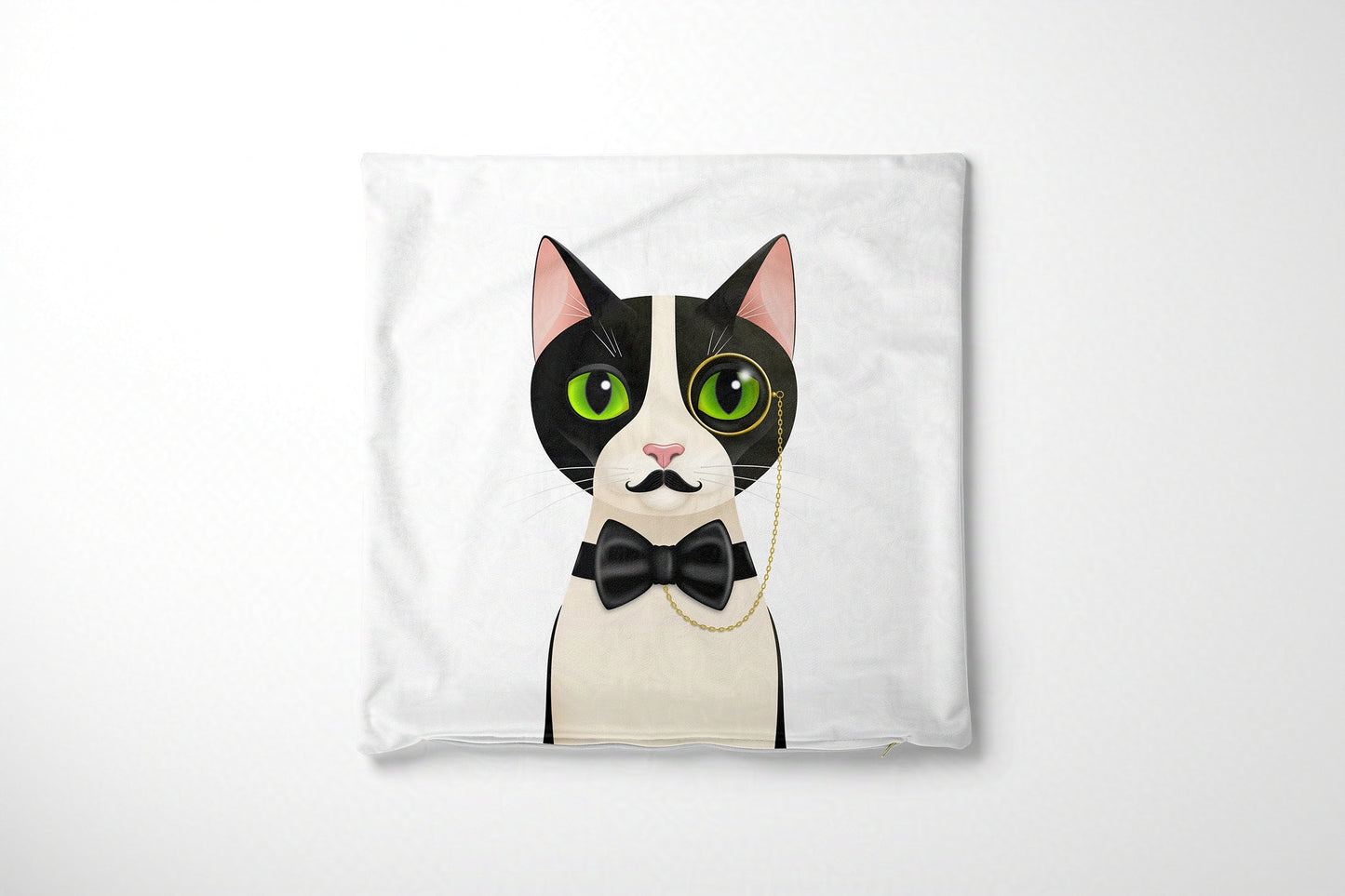 Cushion cover with a cat design wearing a bow tie on a white background