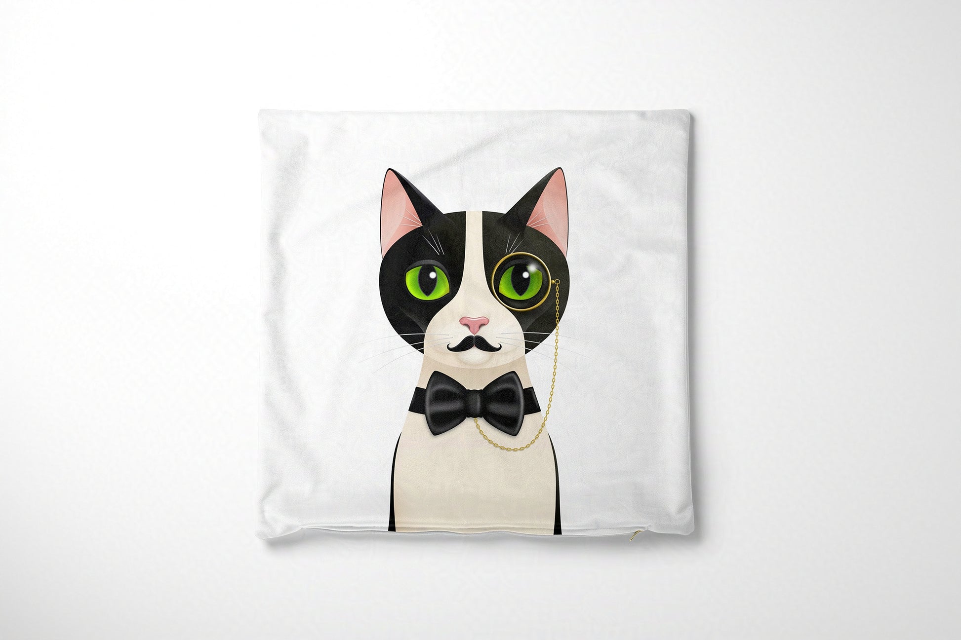 Cushion cover with a cat design wearing a bow tie on a white background