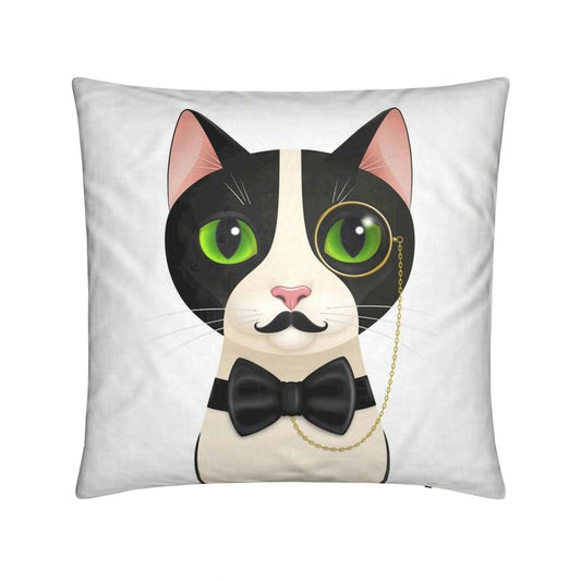 Cushion with Alfred the cat wearing a monocle and black bow tie, facing forward on a white background