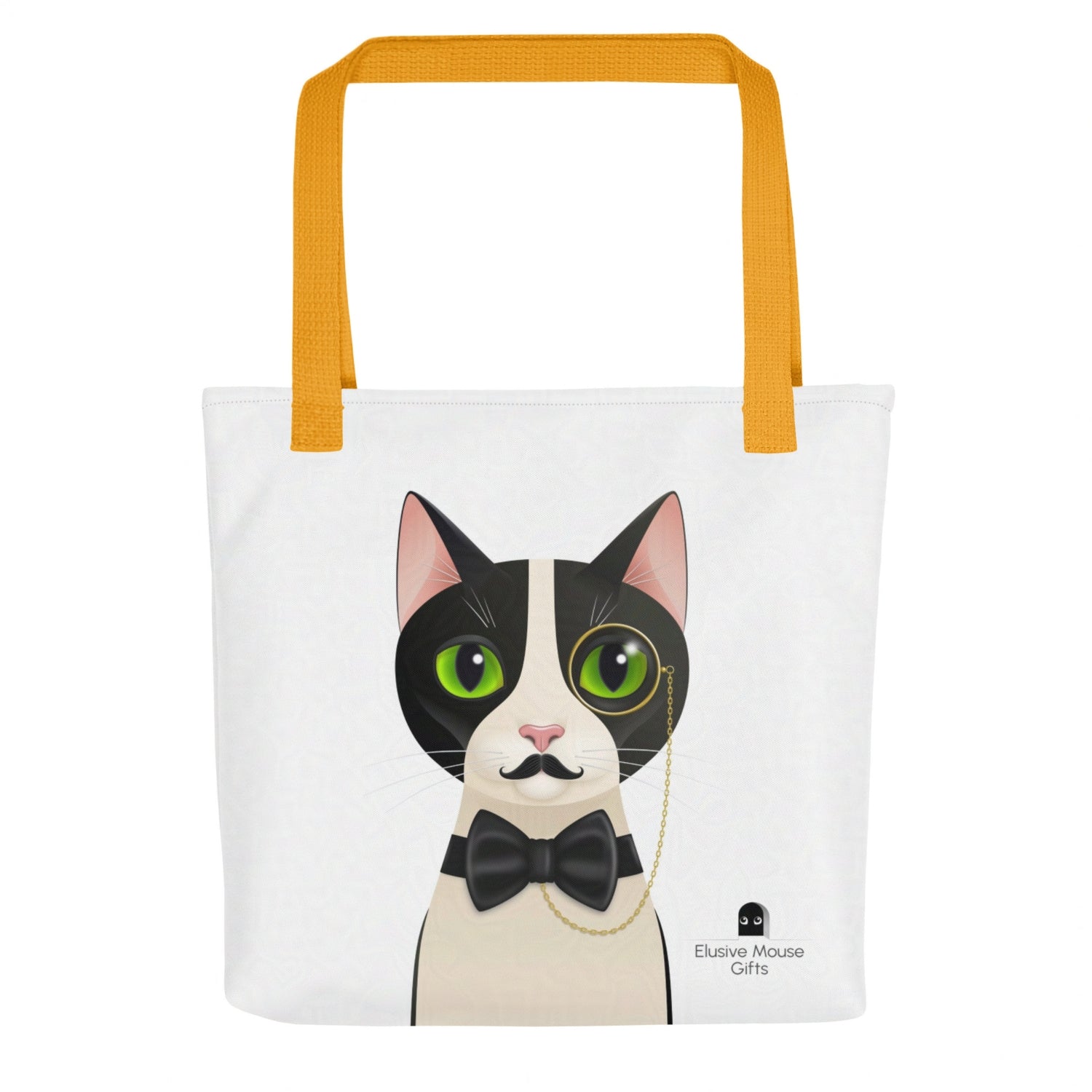 Front-facing tote bag design with Alfred the cat looking forward in a fake moustache, monocle and bow tie, set against a white background
