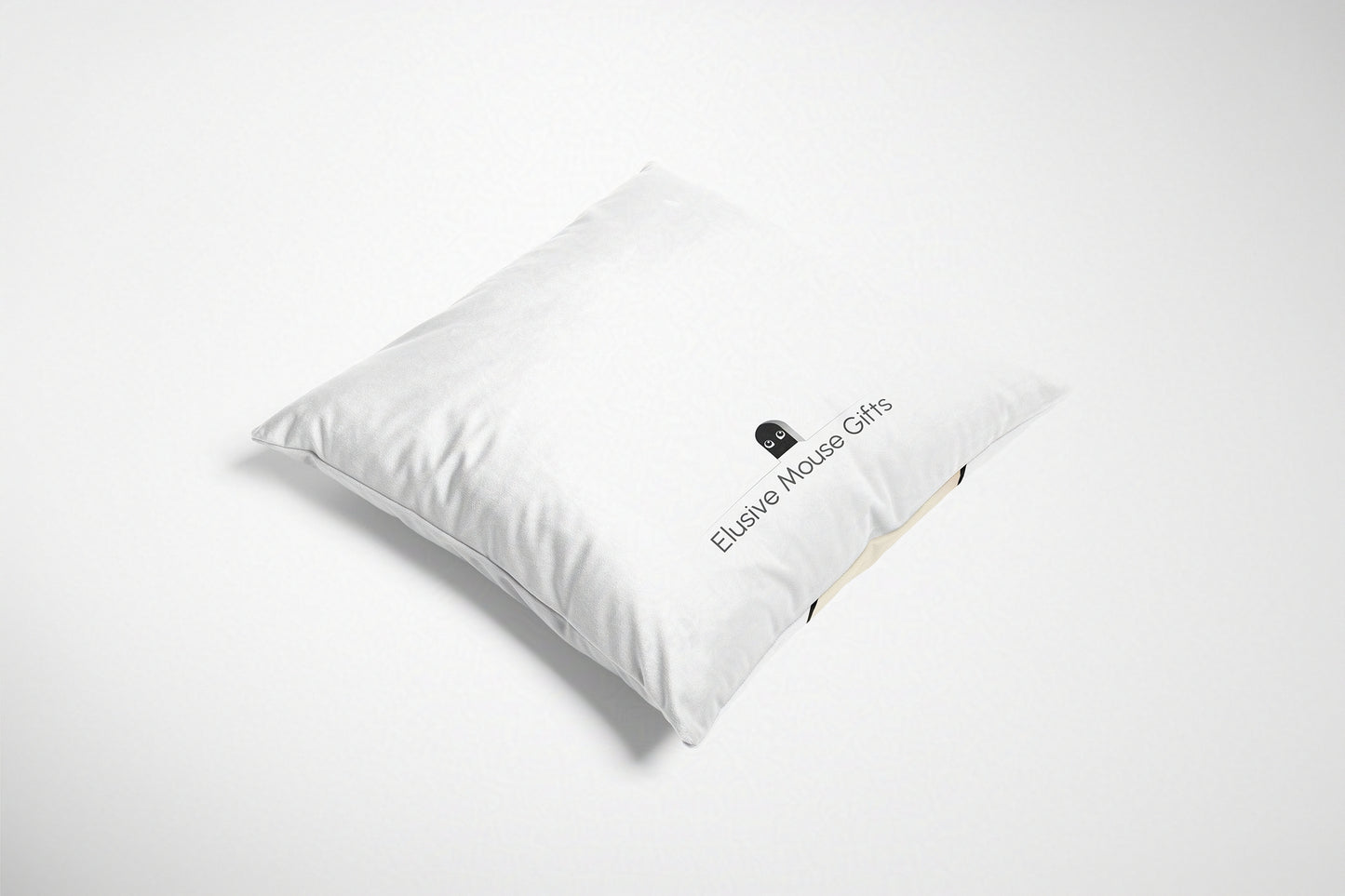 White cushion back with 'Elusive Mouse Gifts' branding on a white background