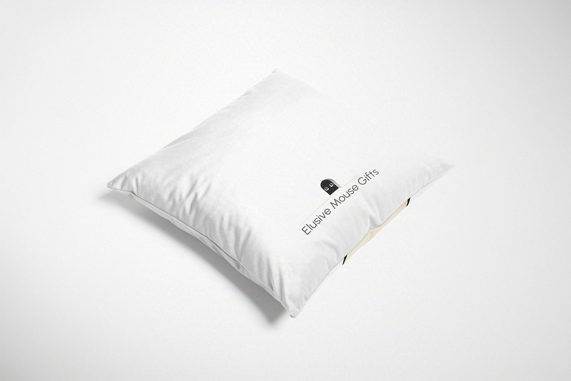 White cushion back with 'Elusive Mouse Gifts' branding on a white background